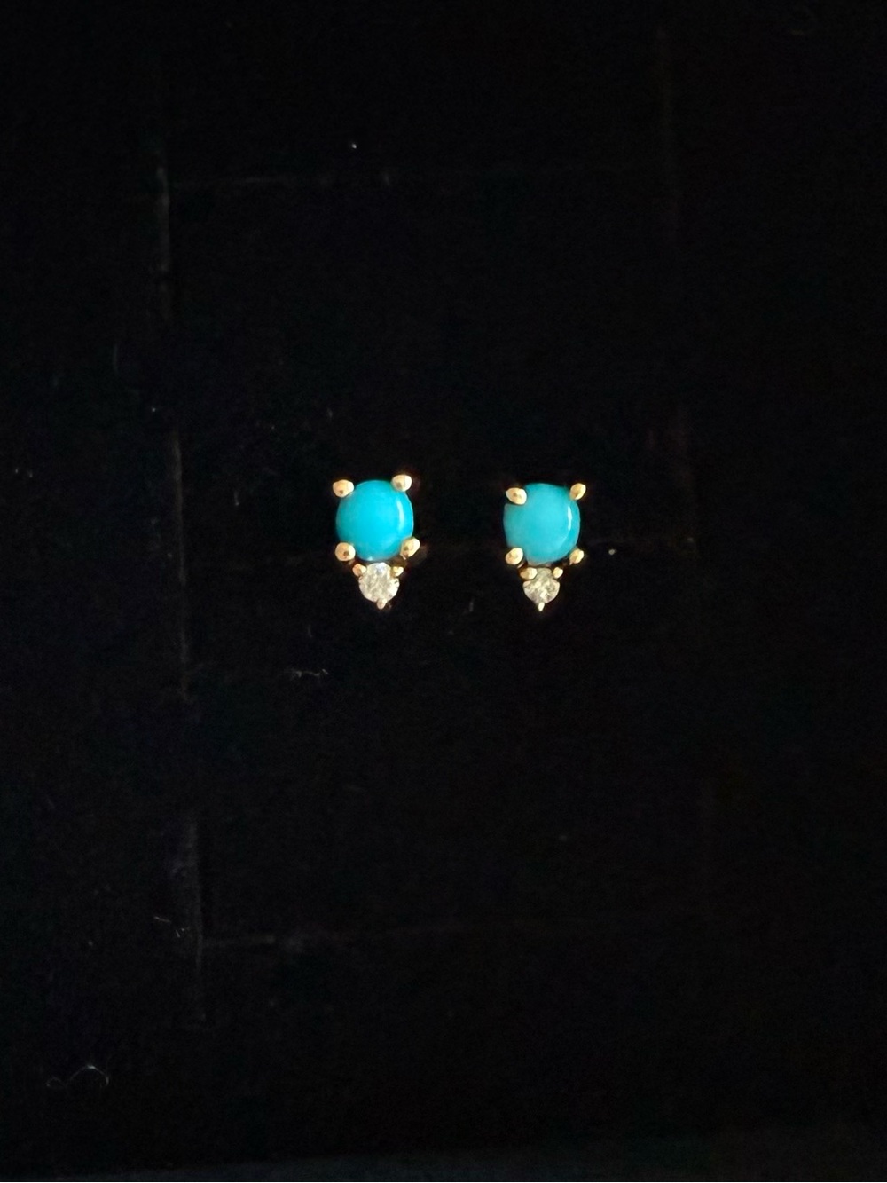 Solid 14k Yellow Gold Natural Diamond and Turquoise Studs